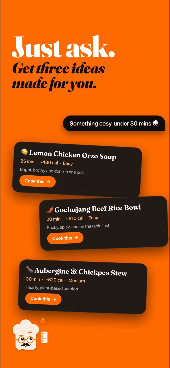 Chat asking for something cosy under 30 minutes, with three recipe ideas