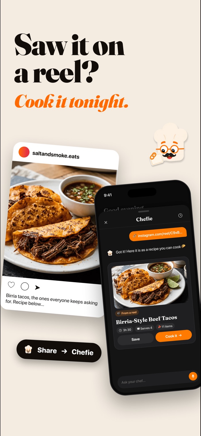 An Instagram reel of birria tacos shared to Chefie and turned into a recipe