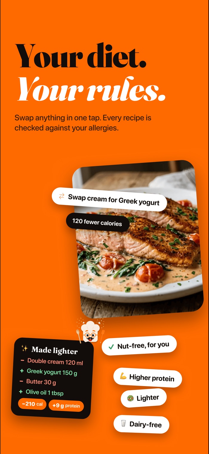 Tuscan salmon with cream swapped for Greek yogurt, 120 fewer calories, marked nut-free