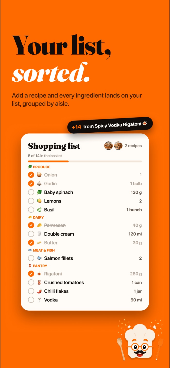 A shopping list grouped into produce, dairy, meat and fish, and pantry